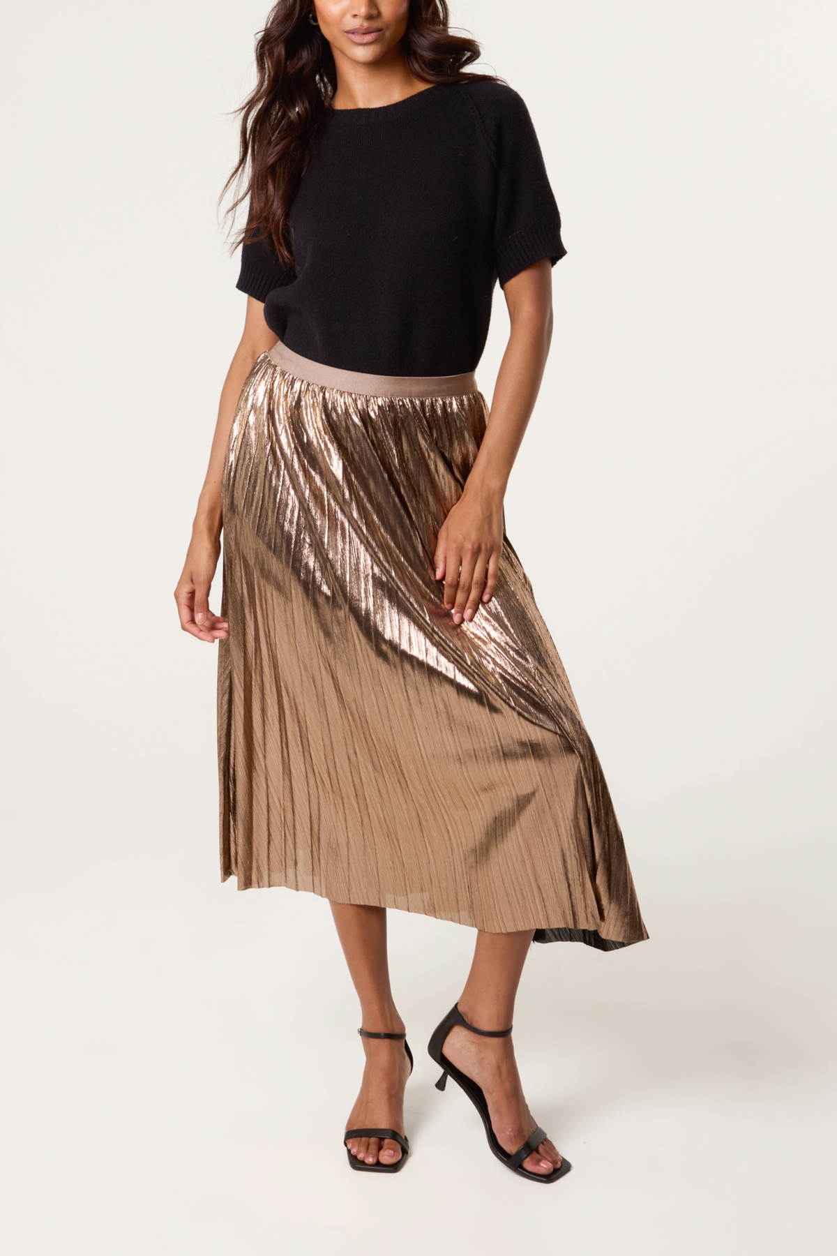 Metallic Pleated Midi Skirt