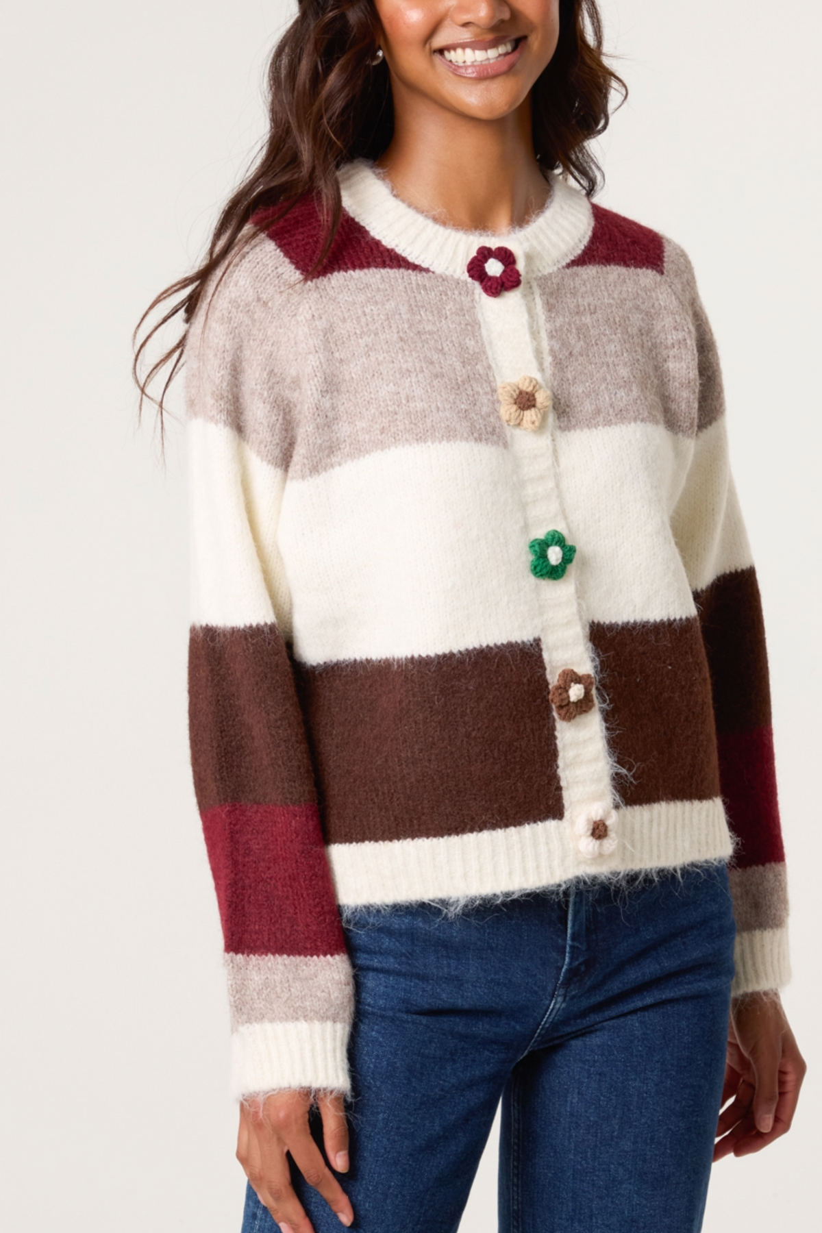Striped Flower Button Knit Cardigan