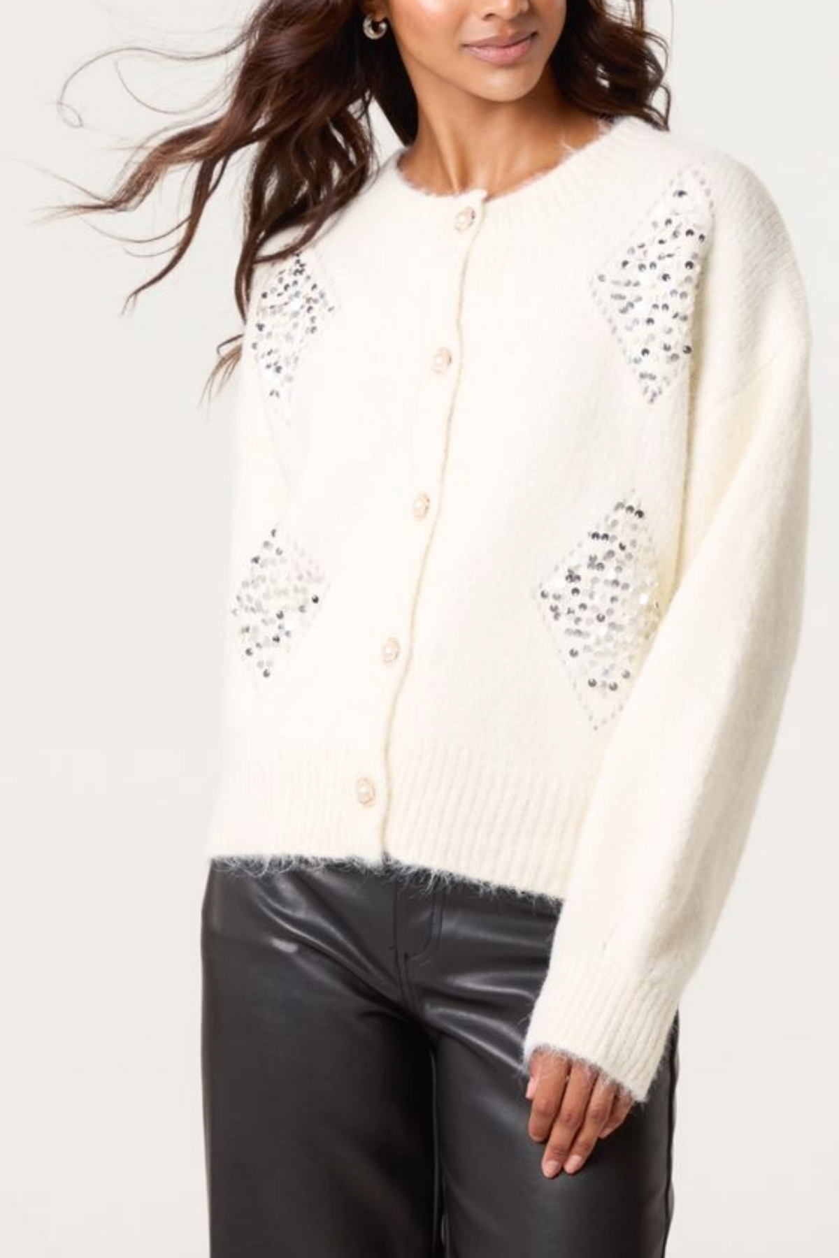 Sequin Diamond Pearl Button Cardigan