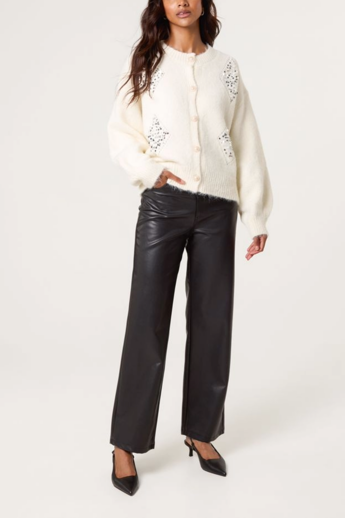 Sequin Diamond Pearl Button Cardigan