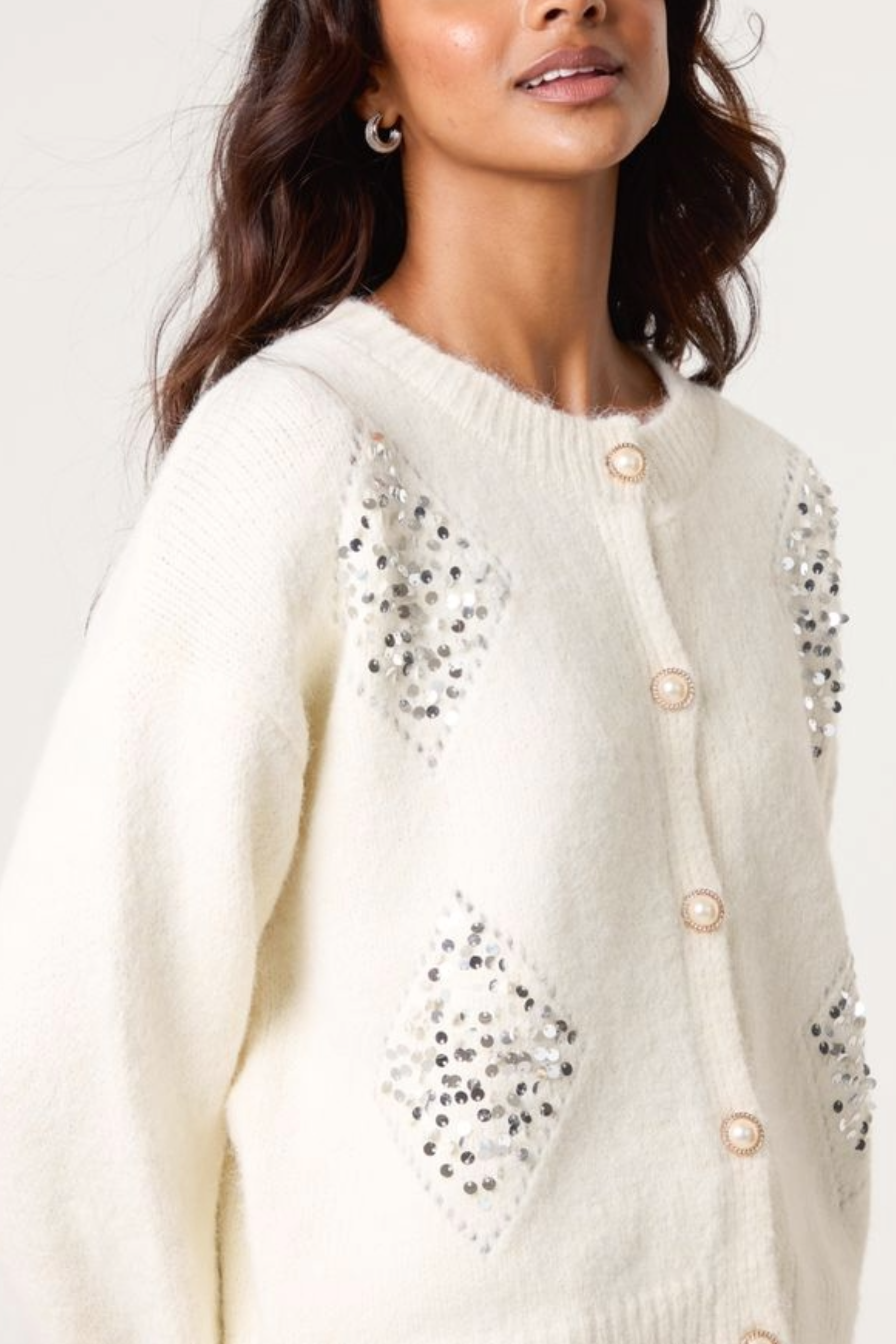 Sequin Diamond Pearl Button Cardigan