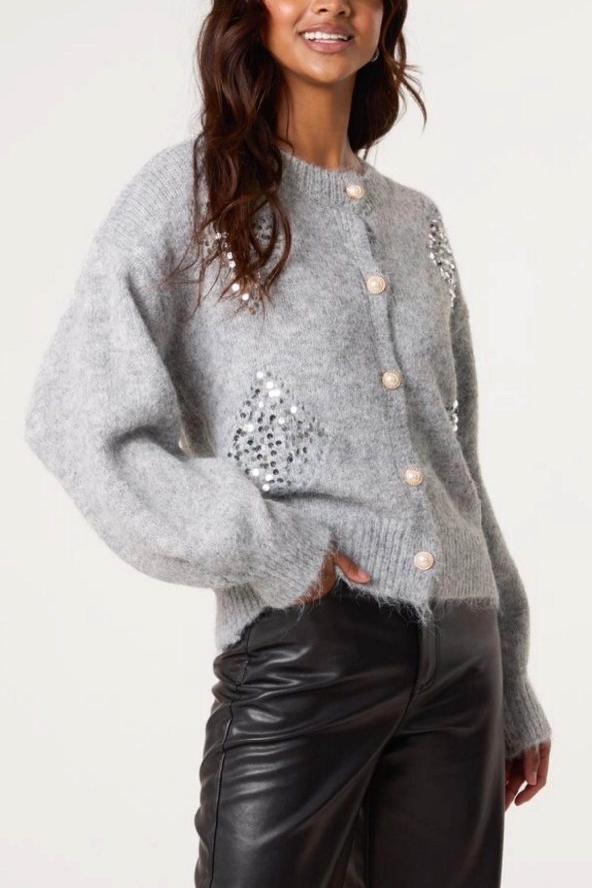 Sequin Diamond Pearl Button Cardigan