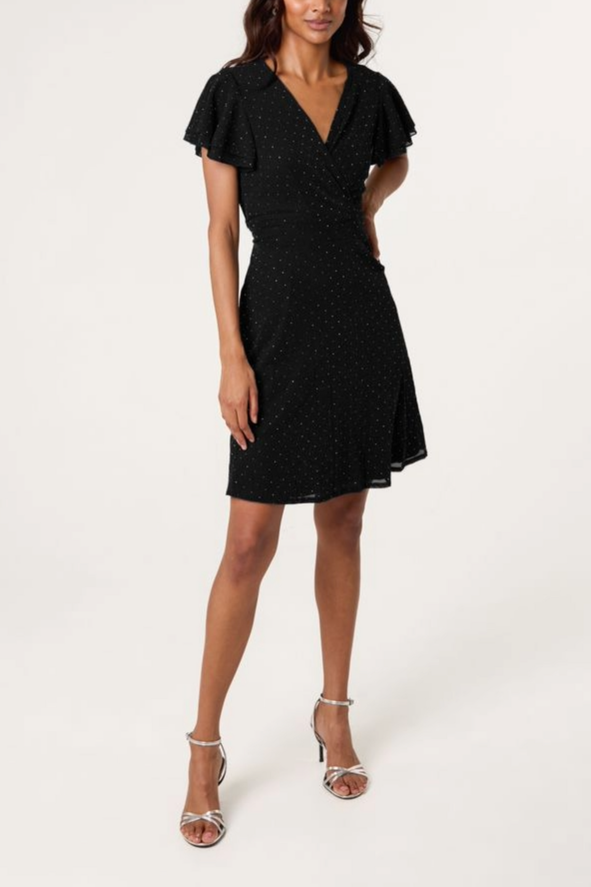Flutter Sleeve Diamante Wrap Dress
