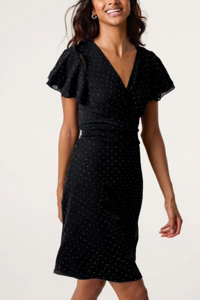 Flutter Sleeve Diamante Wrap Dress