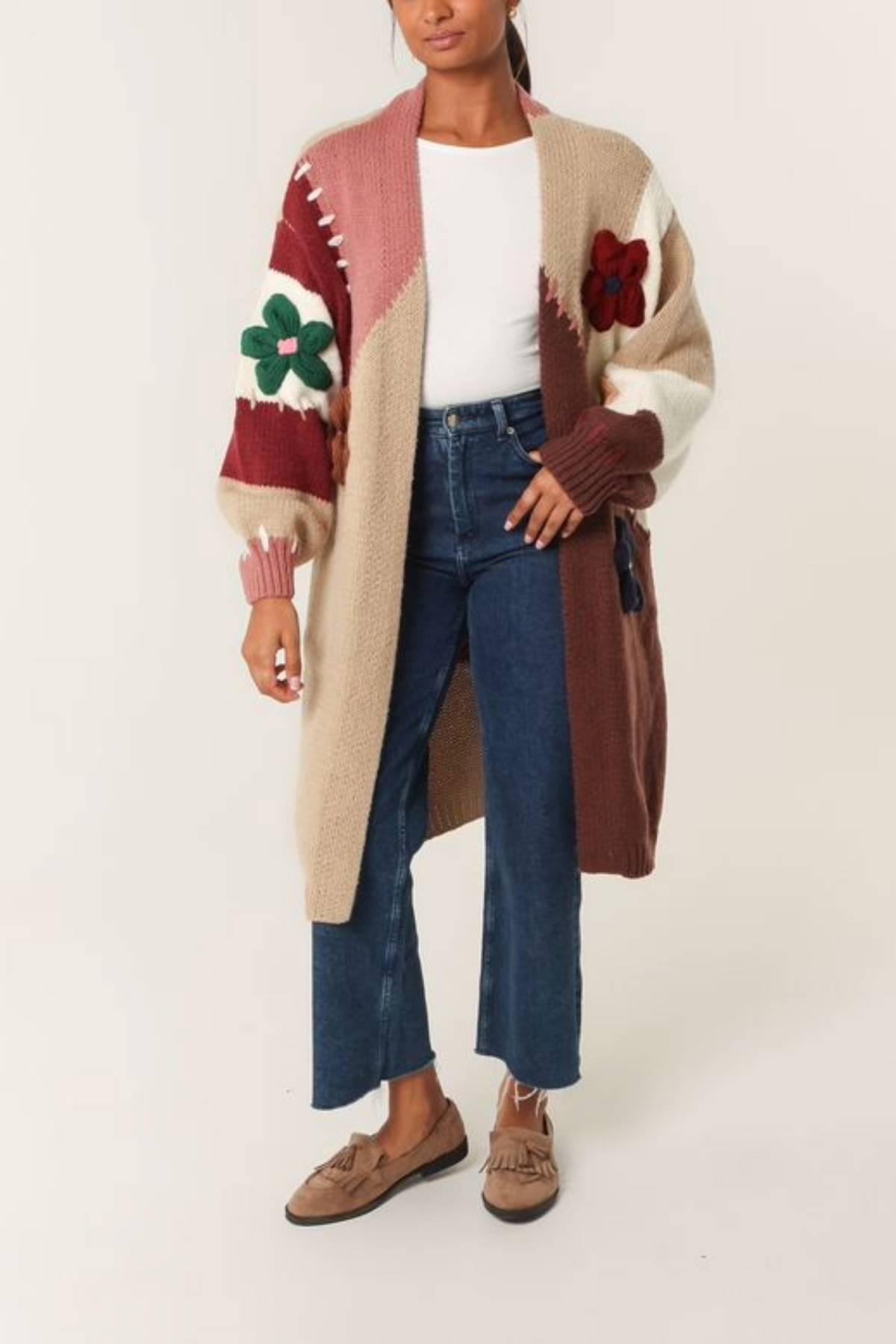 Stitch Colour Block 3D Flower Longline Cardigan