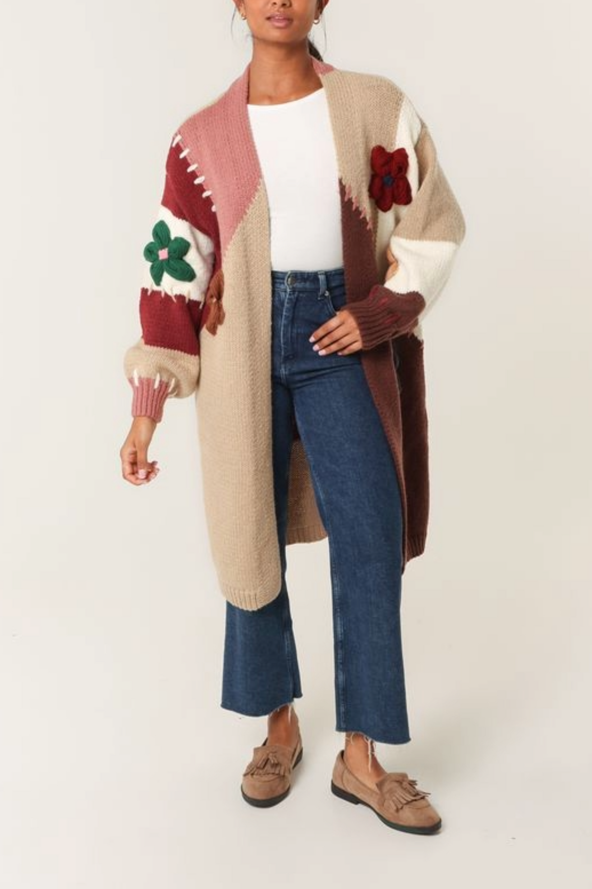 Stitch Colour Block 3D Flower Longline Cardigan