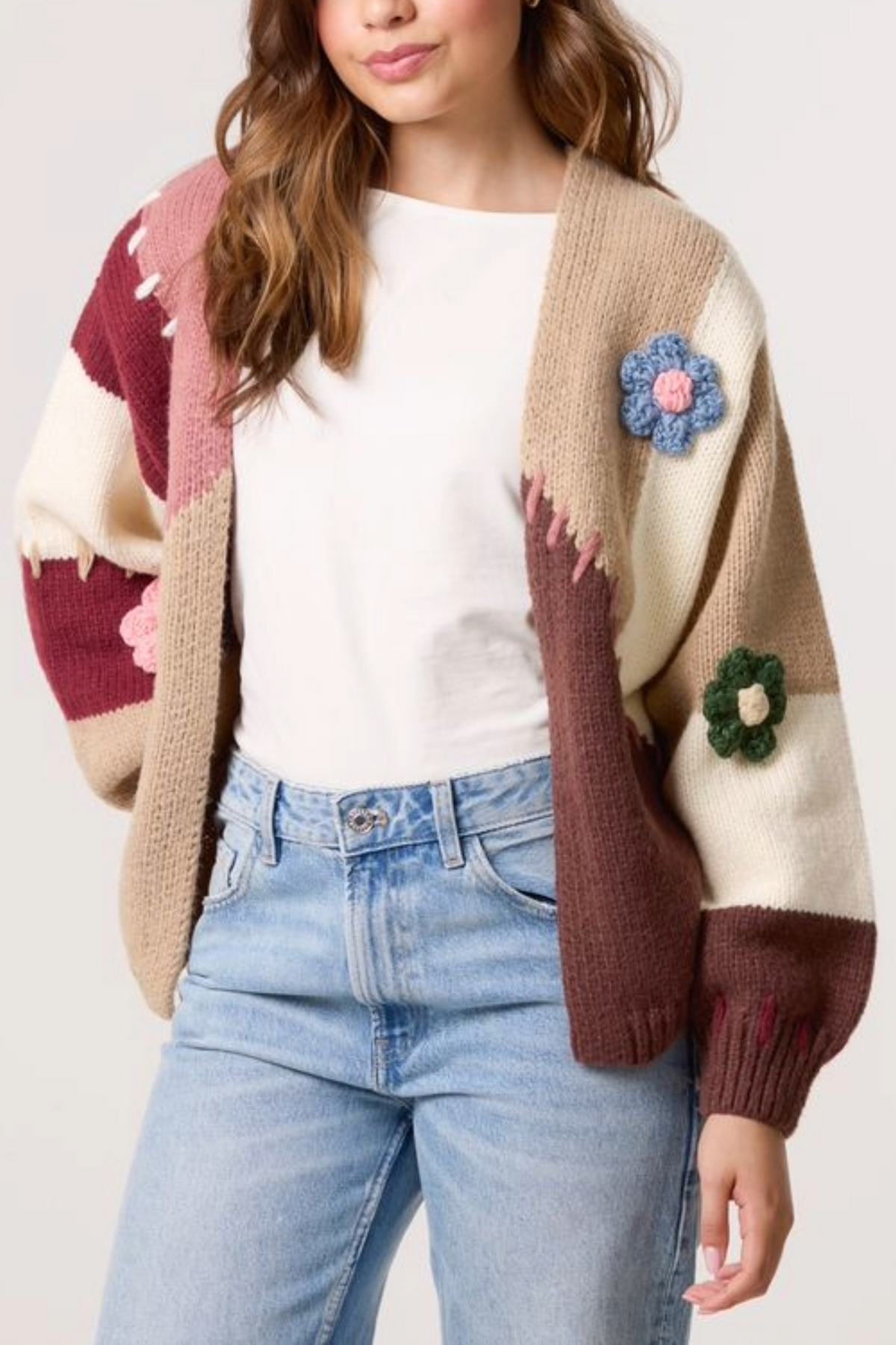 Stitch Colour Block 3D Flower Cardigan