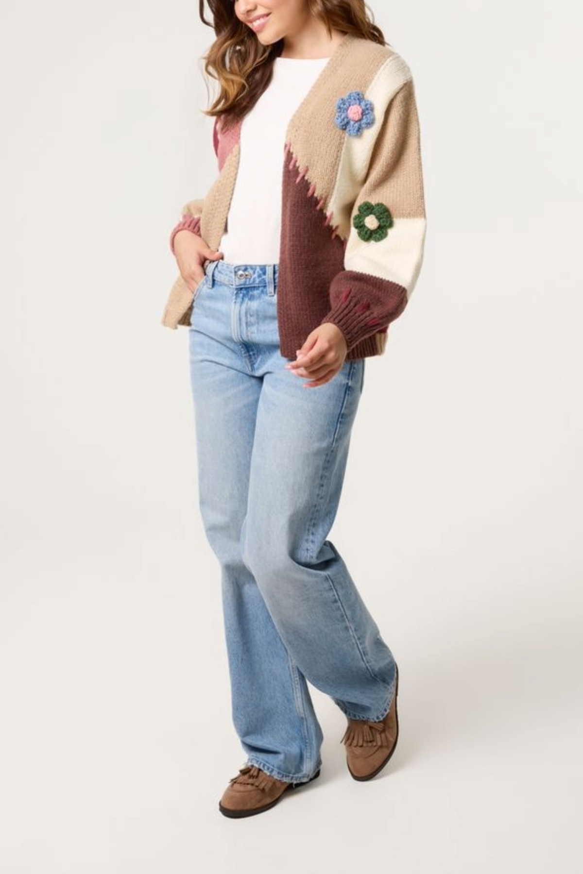Stitch Colour Block 3D Flower Cardigan