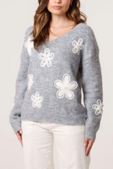Embellished Flower V-Neck Jumper