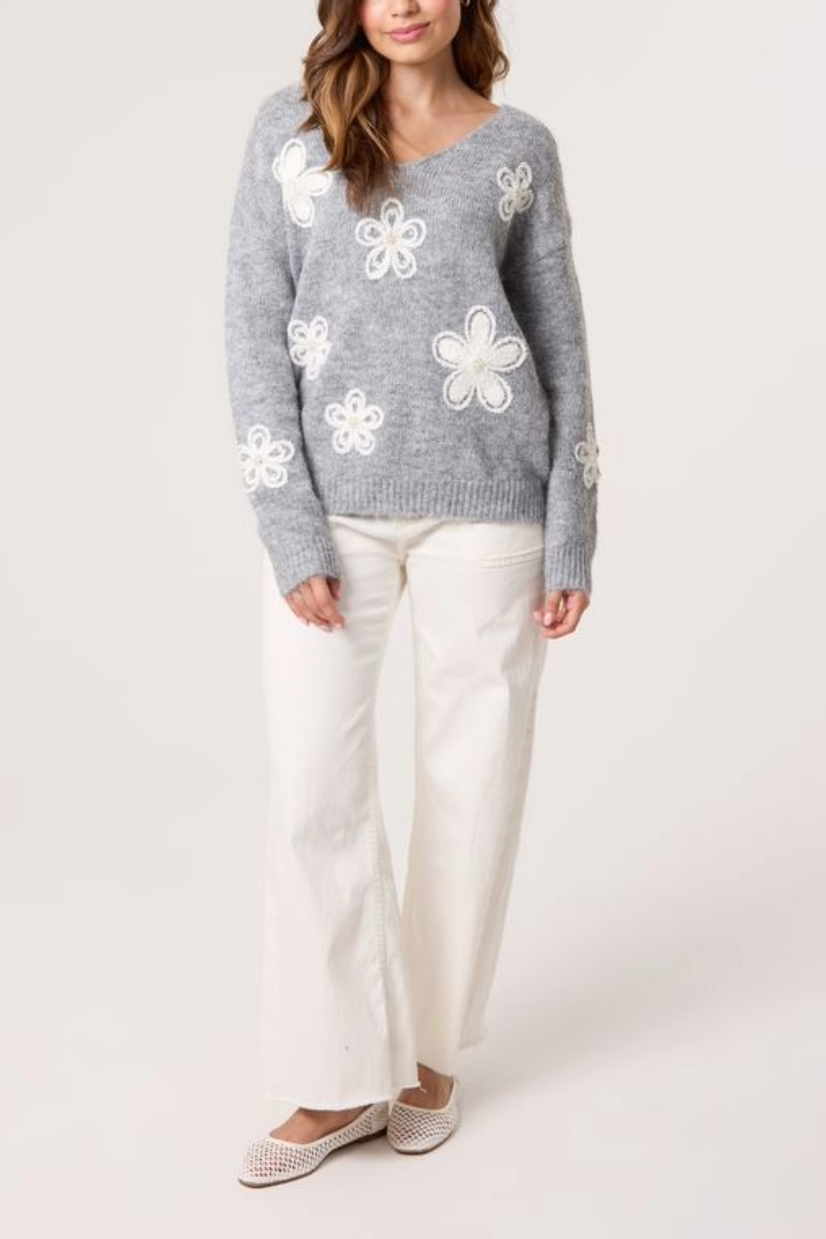 Embellished Flower V-Neck Jumper