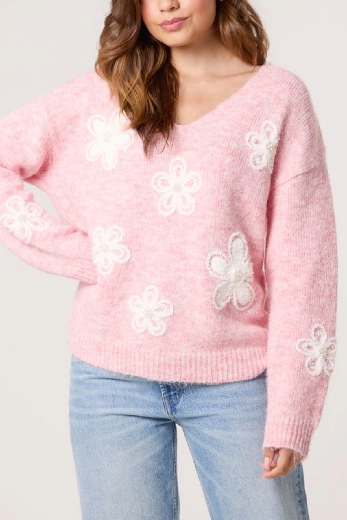 Embellished Flower V-Neck Jumper