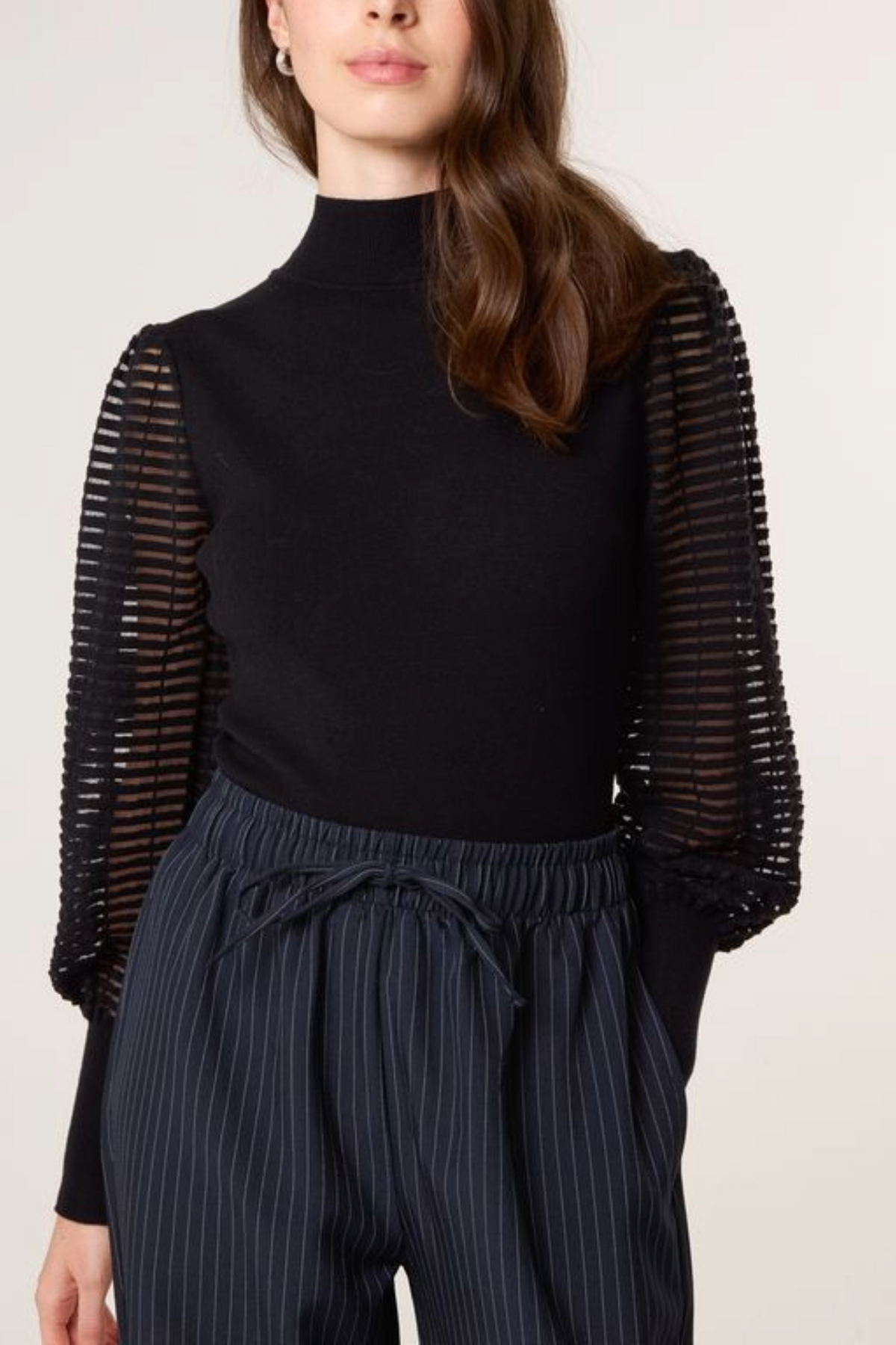 Mesh Sleeve High Neck Knit Top