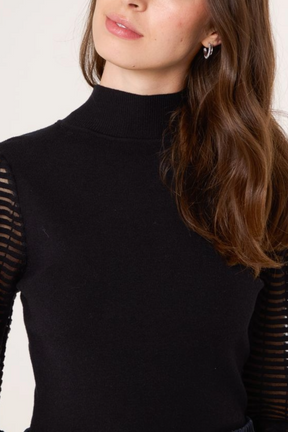 Mesh Sleeve High Neck Knit Top