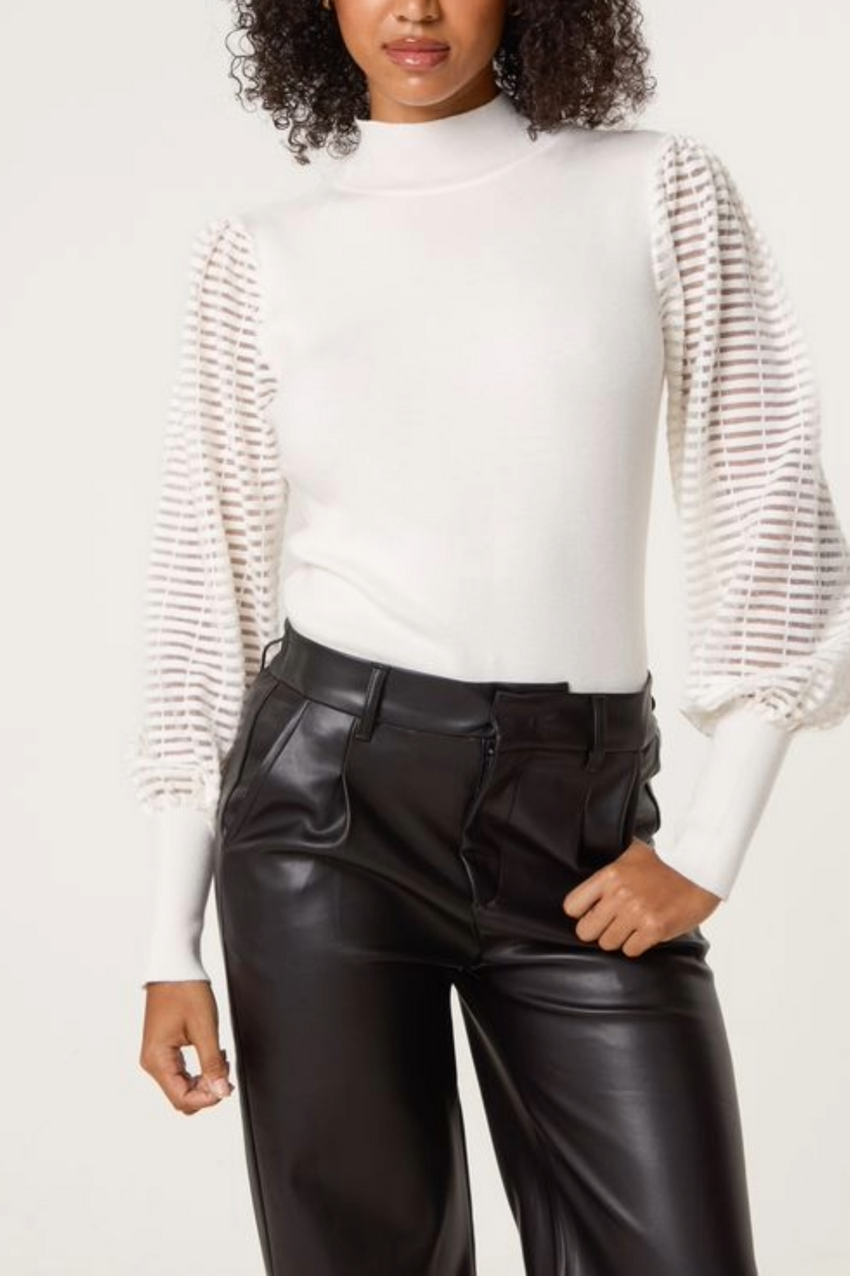 Mesh Sleeve High Neck Knit Top