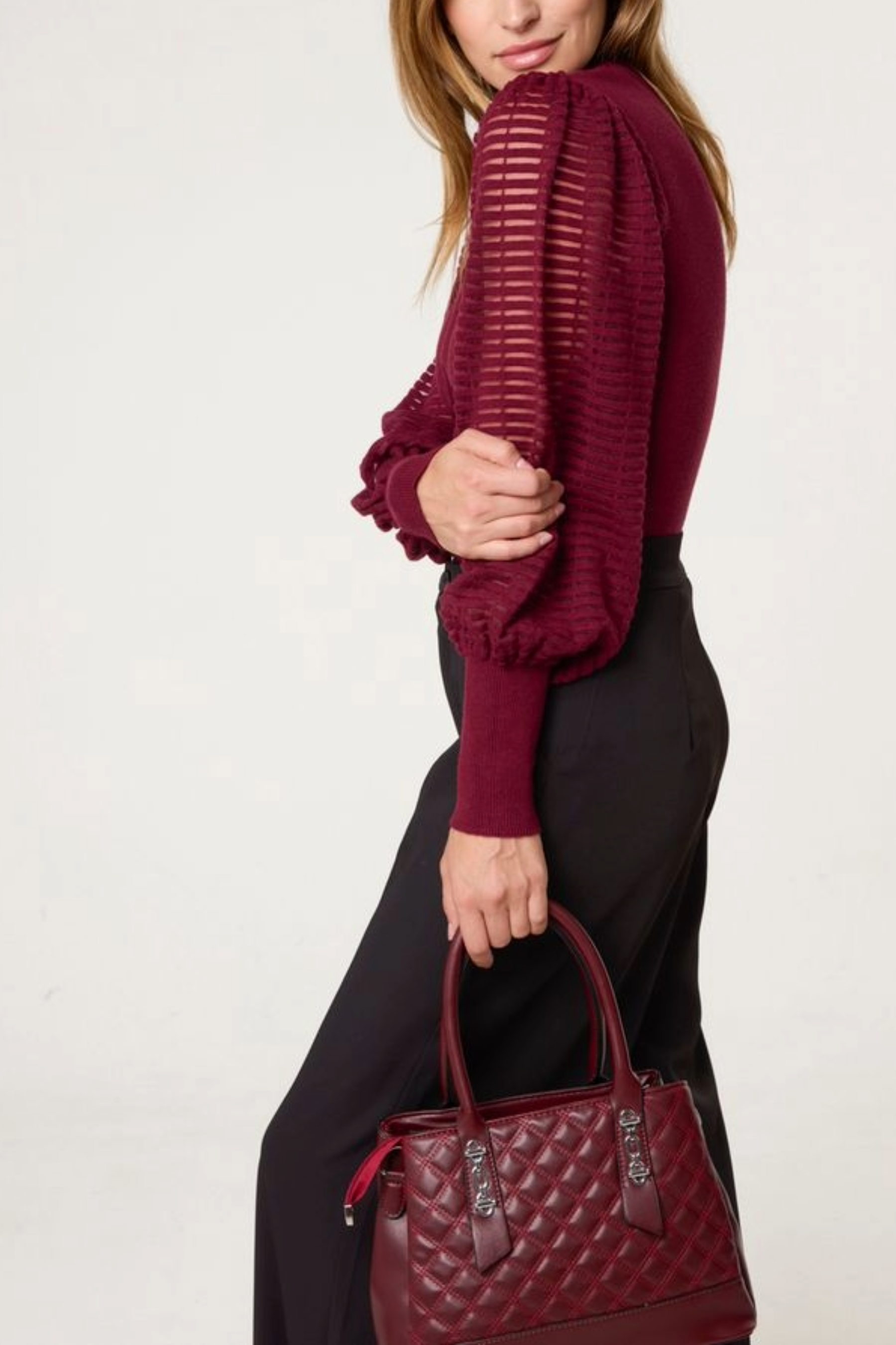 Mesh Sleeve High Neck Knit Top