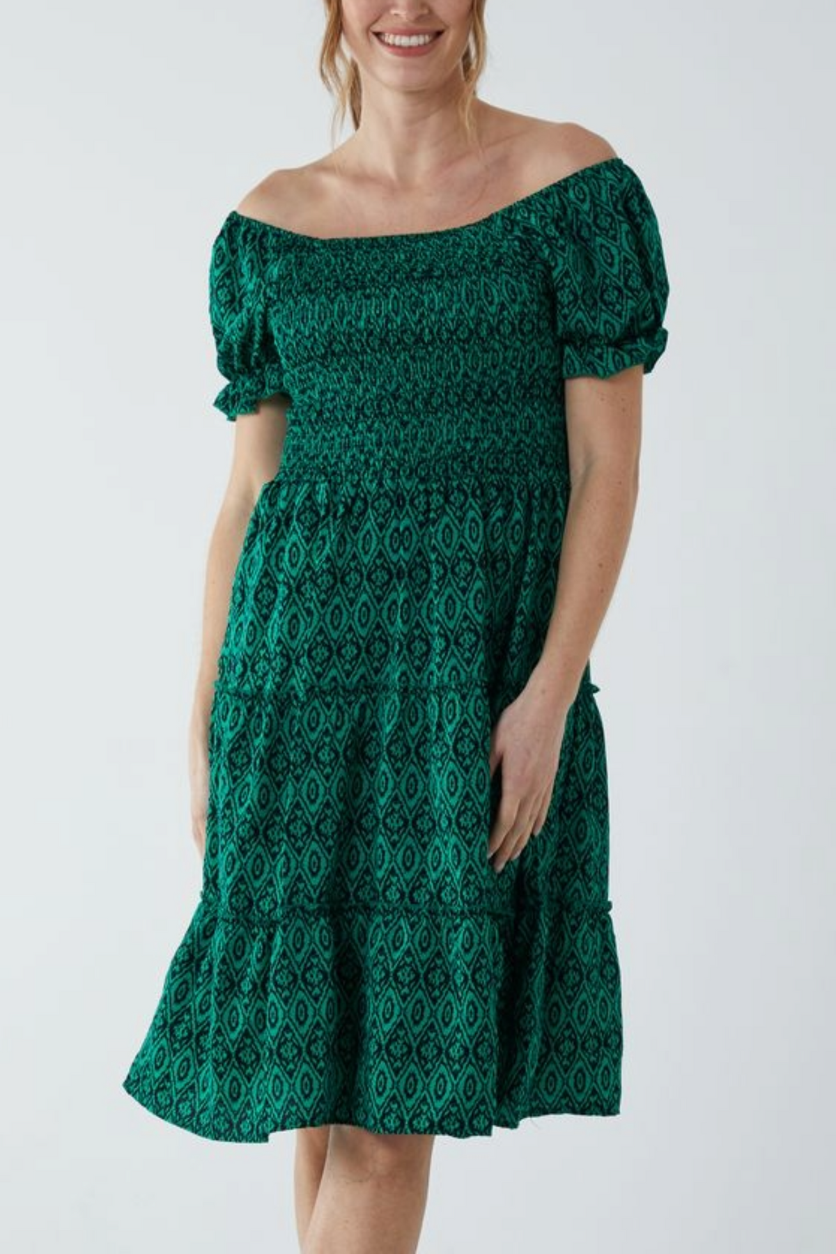 Aztec Puff Sleeve Bardot Shirred Dress