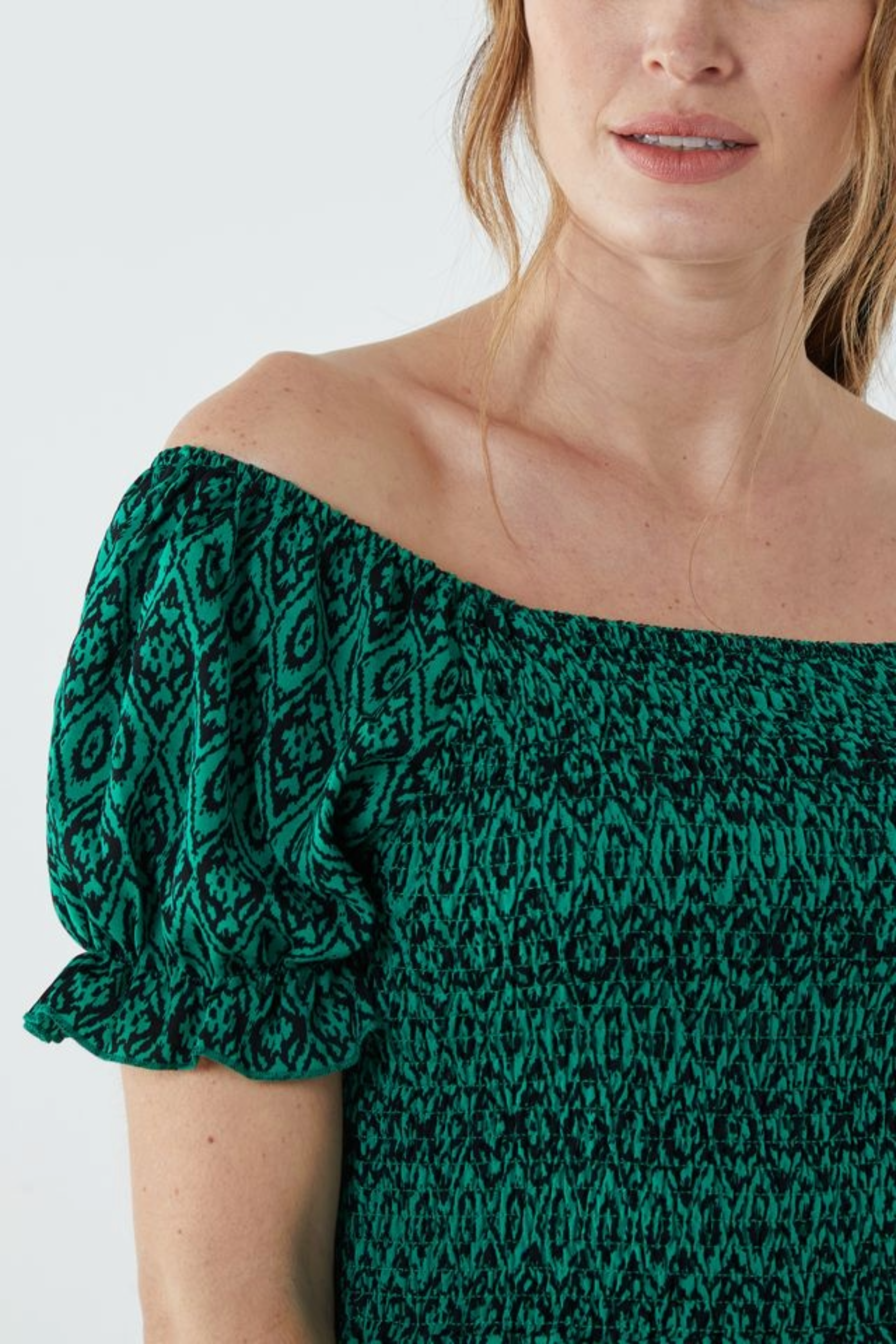 Aztec Puff Sleeve Bardot Shirred Dress