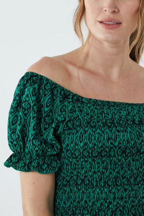 Aztec Puff Sleeve Bardot Shirred Dress