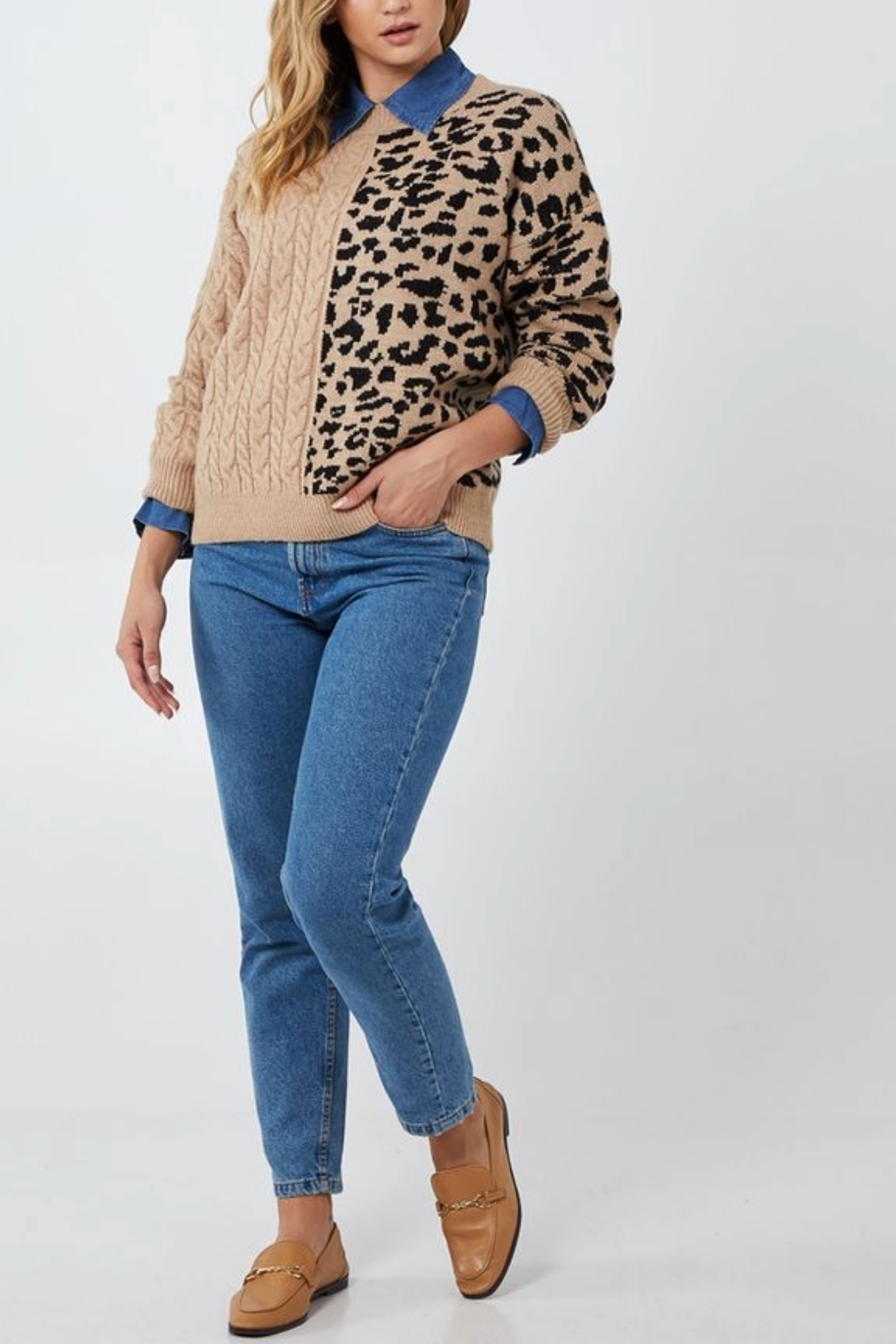 Cable Knit & Leopard Crewneck Jumper