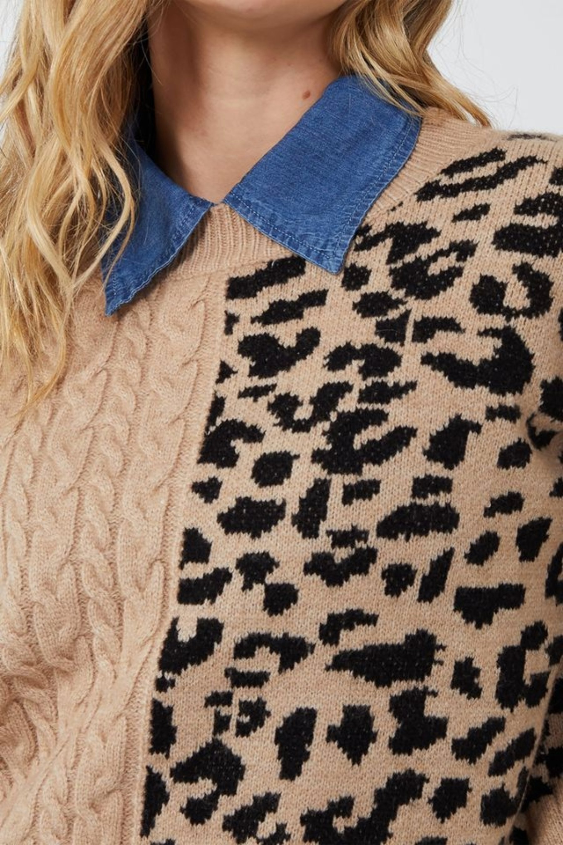 Cable Knit & Leopard Crewneck Jumper