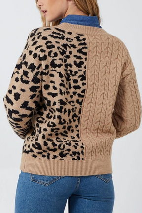 Cable Knit & Leopard Crewneck Jumper