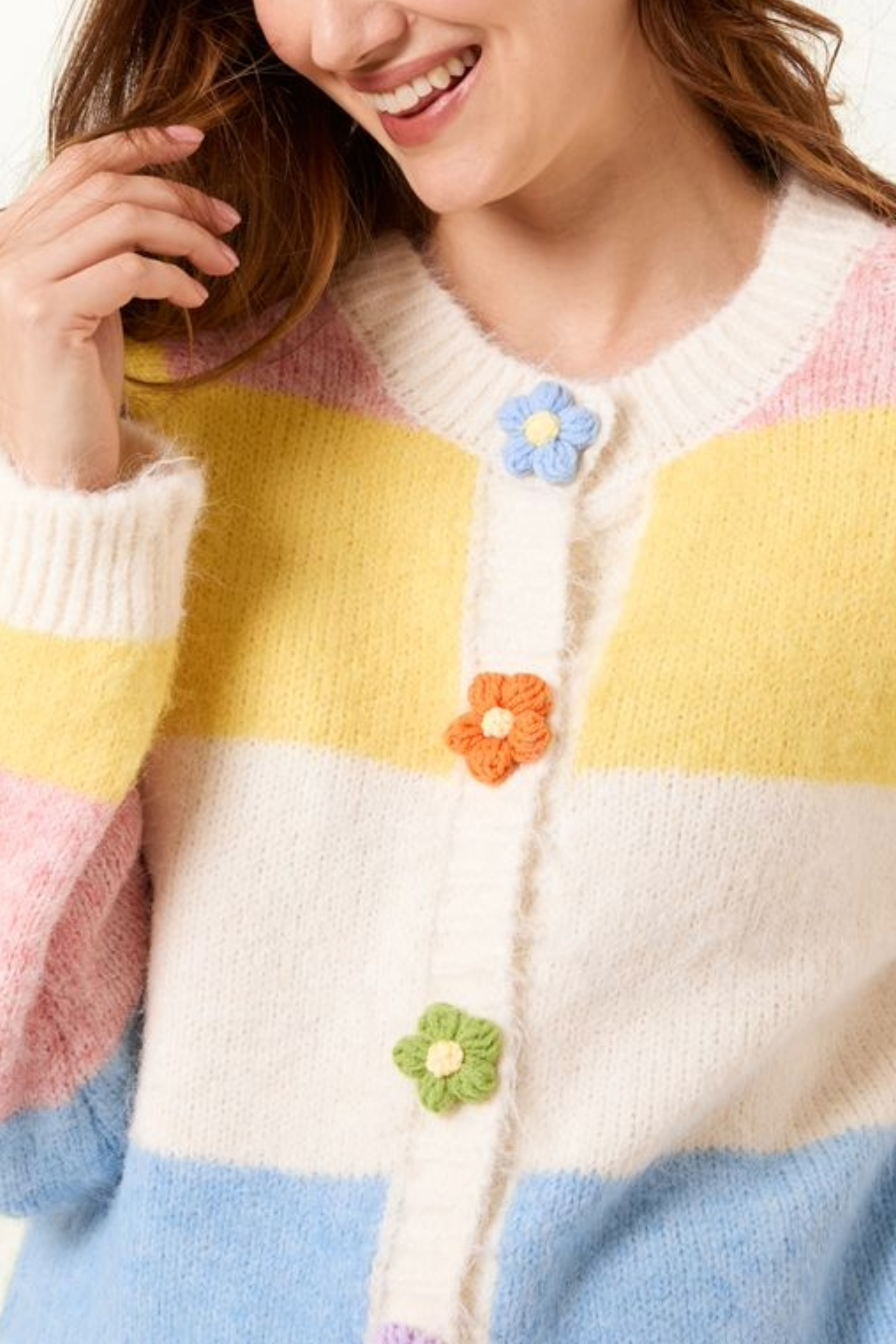 Striped Block Flower Button Knit Cardigan