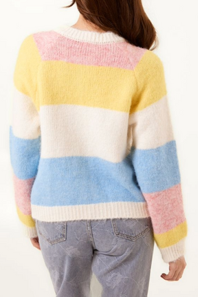 Striped Block Flower Button Knit Cardigan