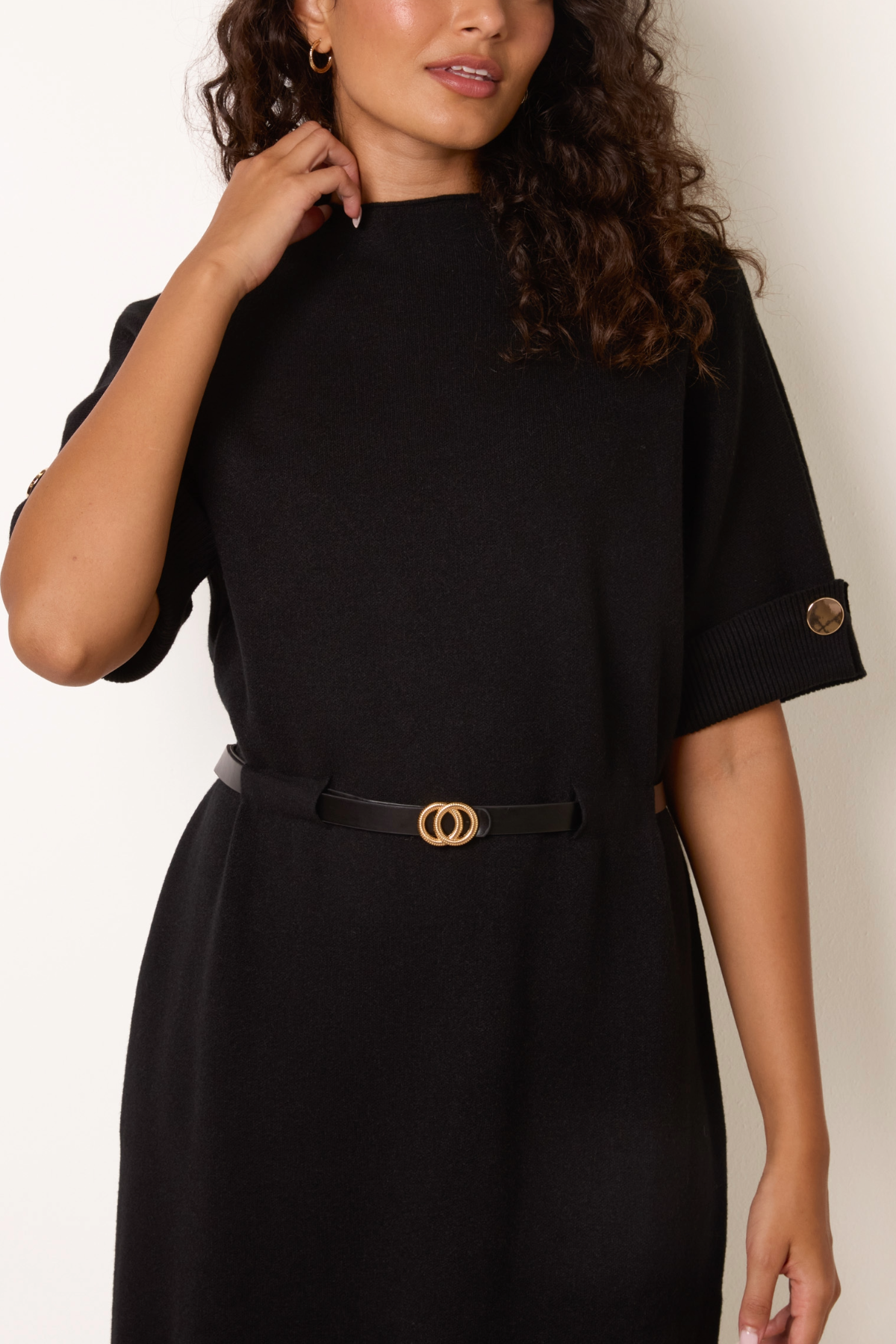 Elegant Belted Knit Short Sleeve Dress