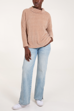 High Neck Fluffy Knit Jumper