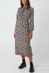 High Cut Out Neck Floral Print Midi Dress