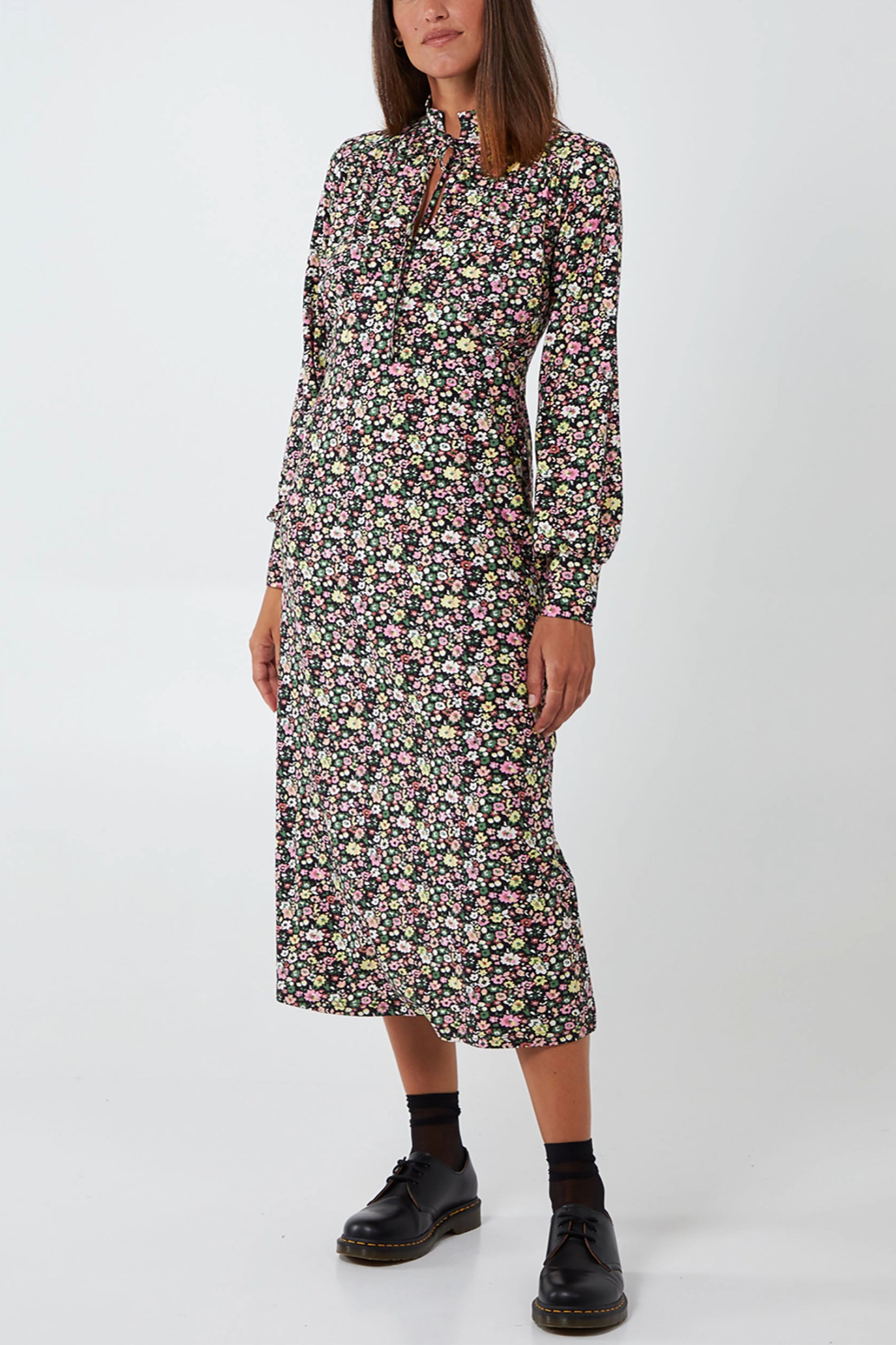 High Cut Out Neck Floral Print Midi Dress