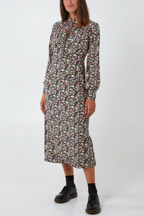 High Cut Out Neck Floral Print Midi Dress