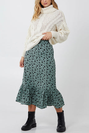 Floral Print Gathered Tiered Midi Skirt