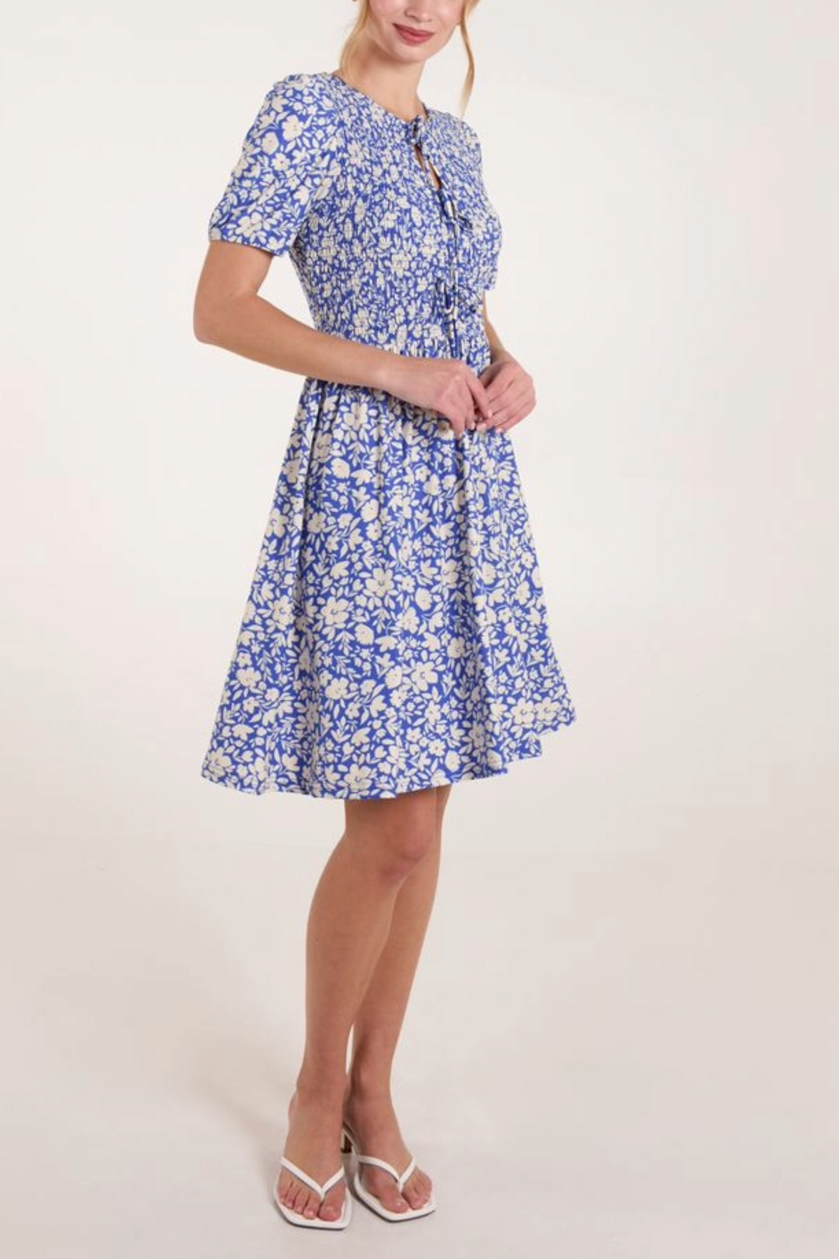 Floral Tie Front Puff Sleeve Dress