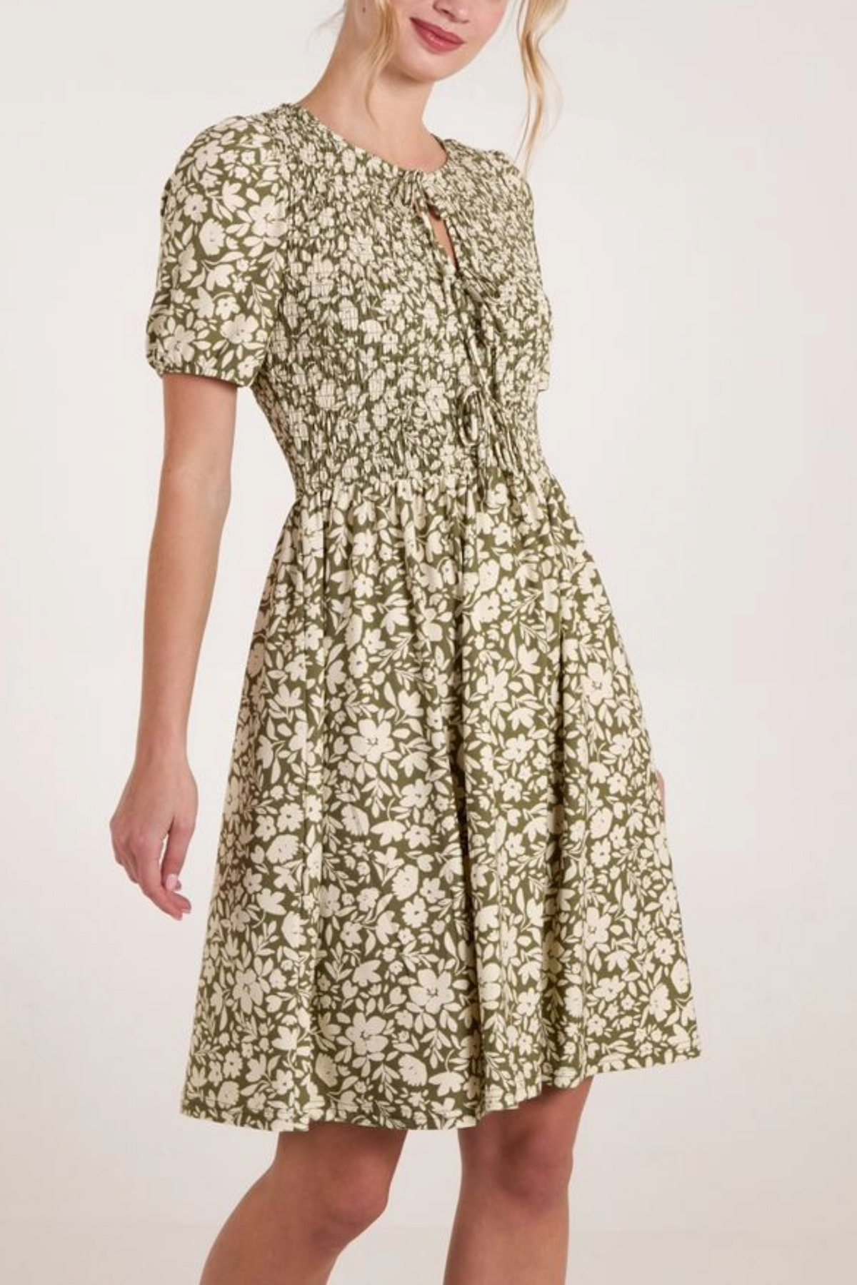 Floral Tie Front Puff Sleeve Dress