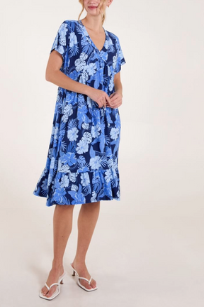 Tropical Floral V-Neck Smock Dress