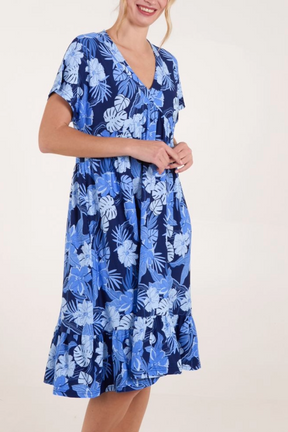 Tropical Floral V-Neck Smock Dress