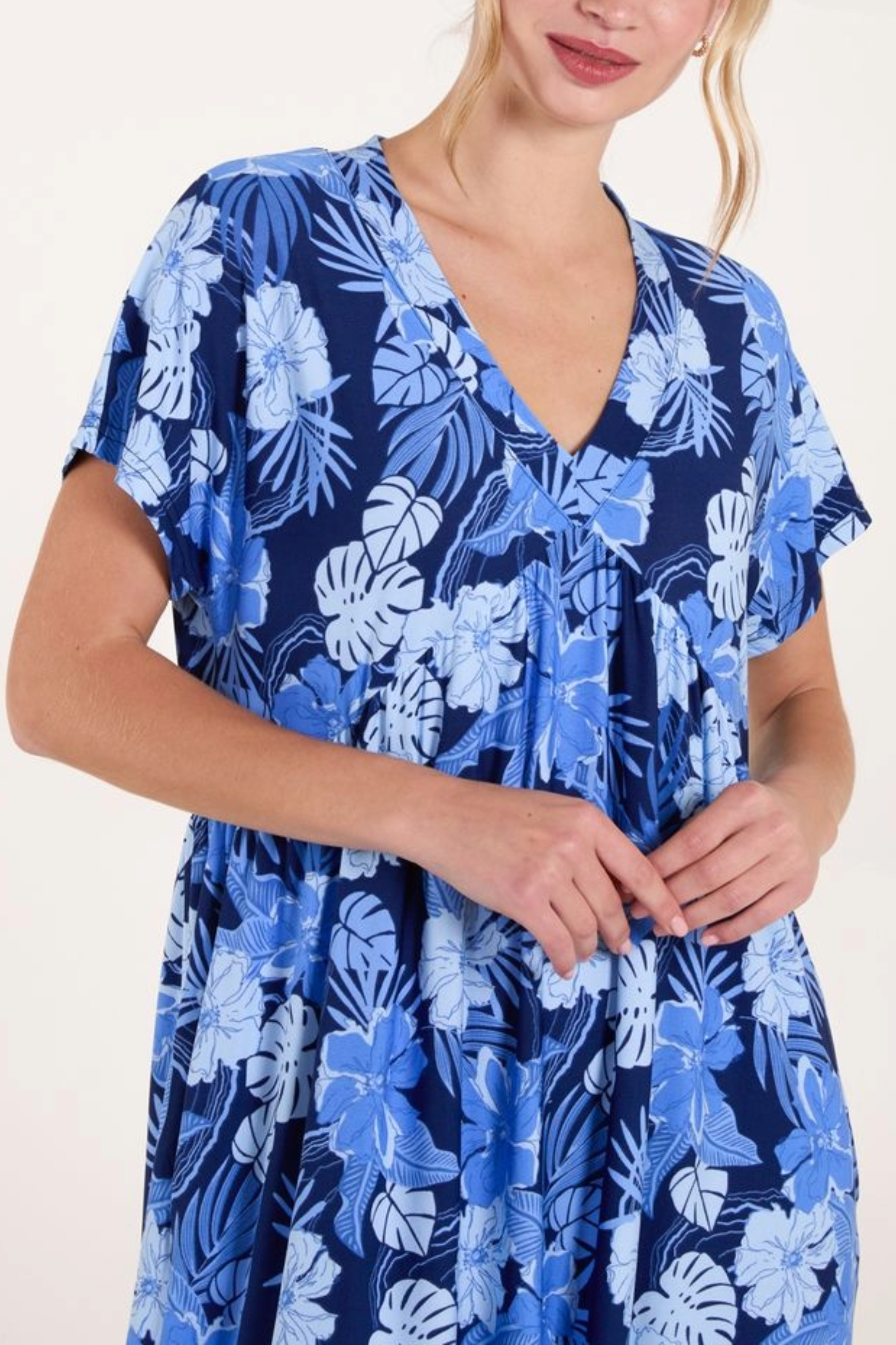 Tropical Floral V-Neck Smock Dress