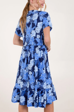 Tropical Floral V-Neck Smock Dress