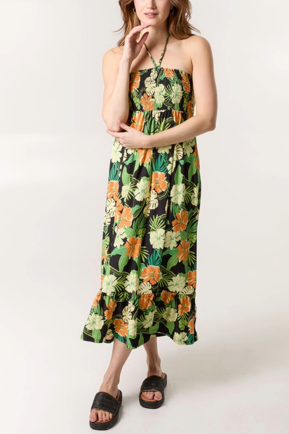 Tropical Floral Print Shirred Bandeau Dress