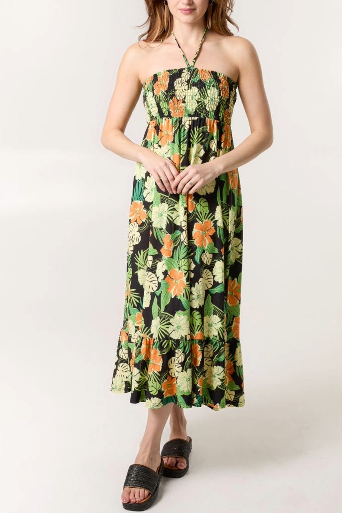 Tropical Floral Print Shirred Bandeau Dress