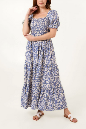 Damask Print Puff Sleeve Square Neck Dress