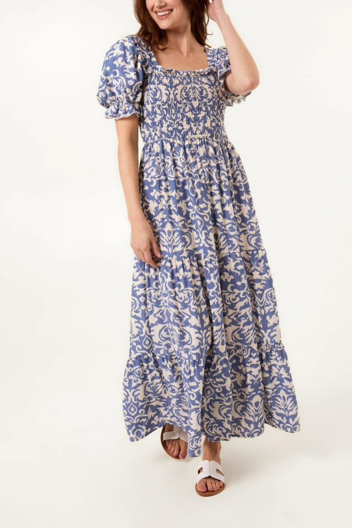 Damask Print Puff Sleeve Square Neck Dress