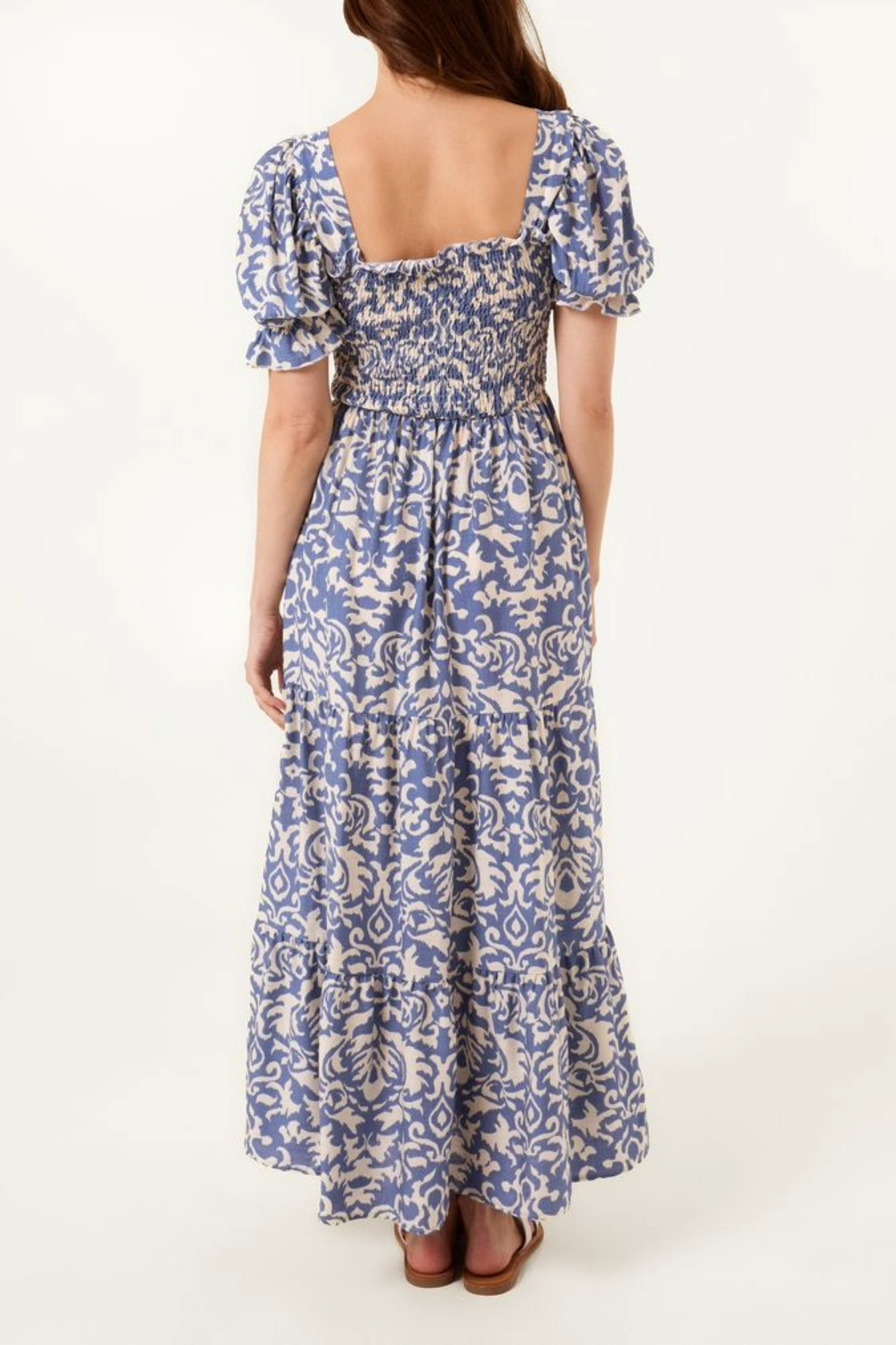 Damask Print Puff Sleeve Square Neck Dress