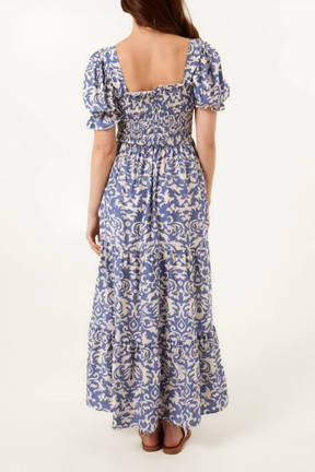 Damask Print Puff Sleeve Square Neck Dress