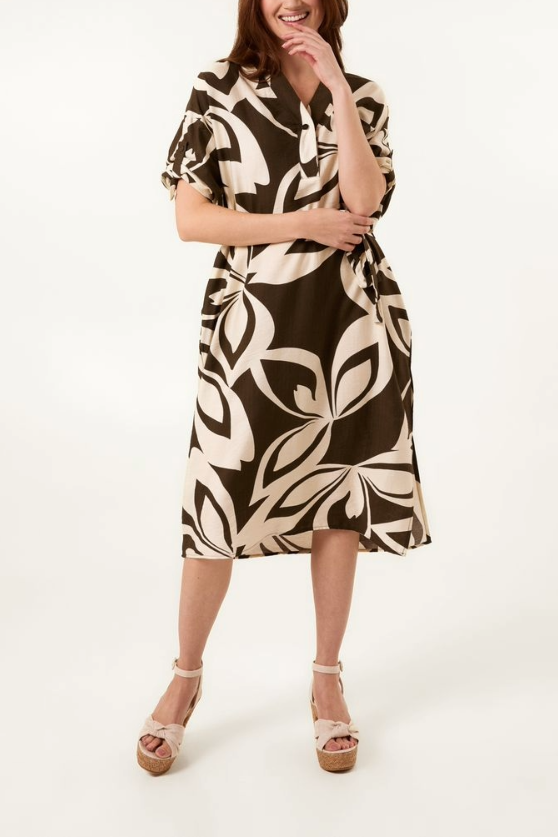 Leaf Print Tie Front Relaxed Dress