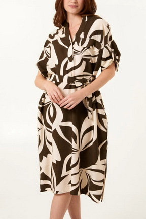 Leaf Print Tie Front Relaxed Dress