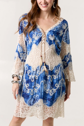 Leaf Embroidery Crochet & Tassel Tunic Dress