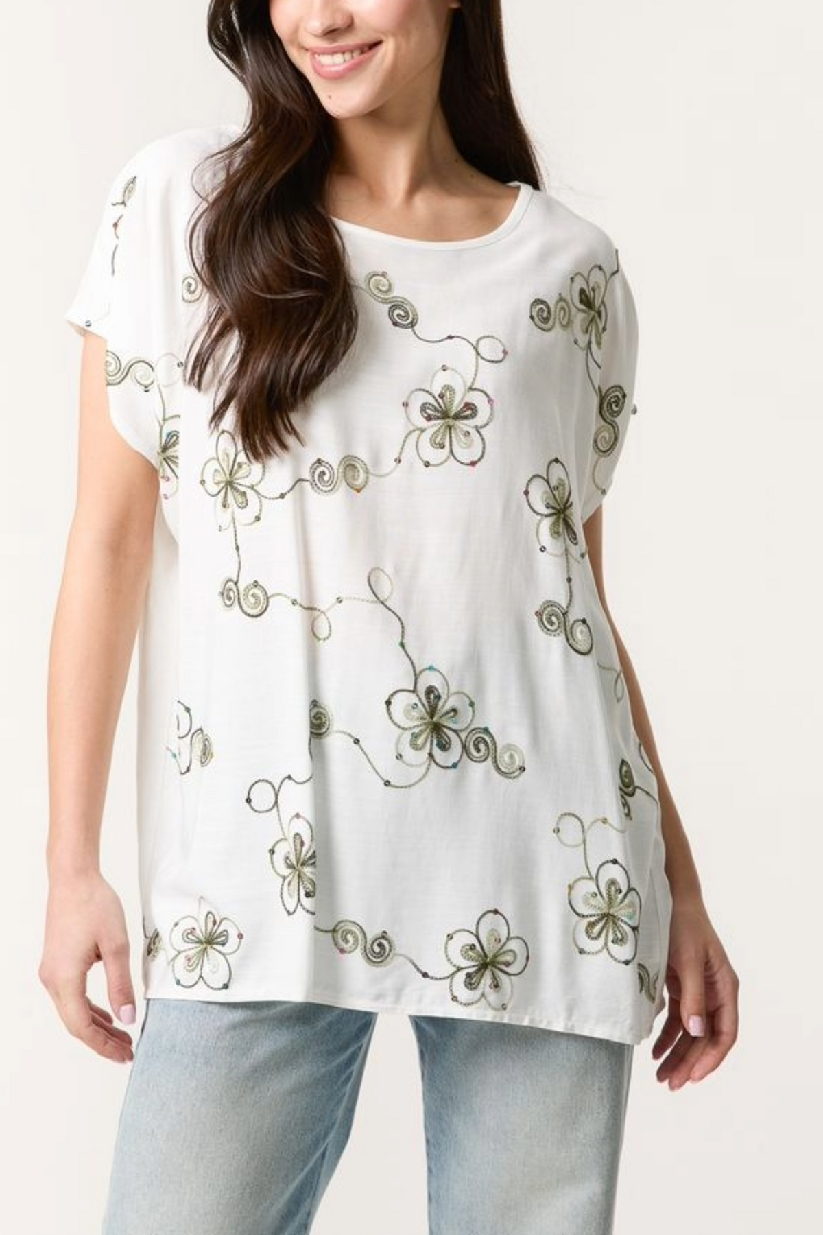 Sequin Embroidered Flower Round Neck Top