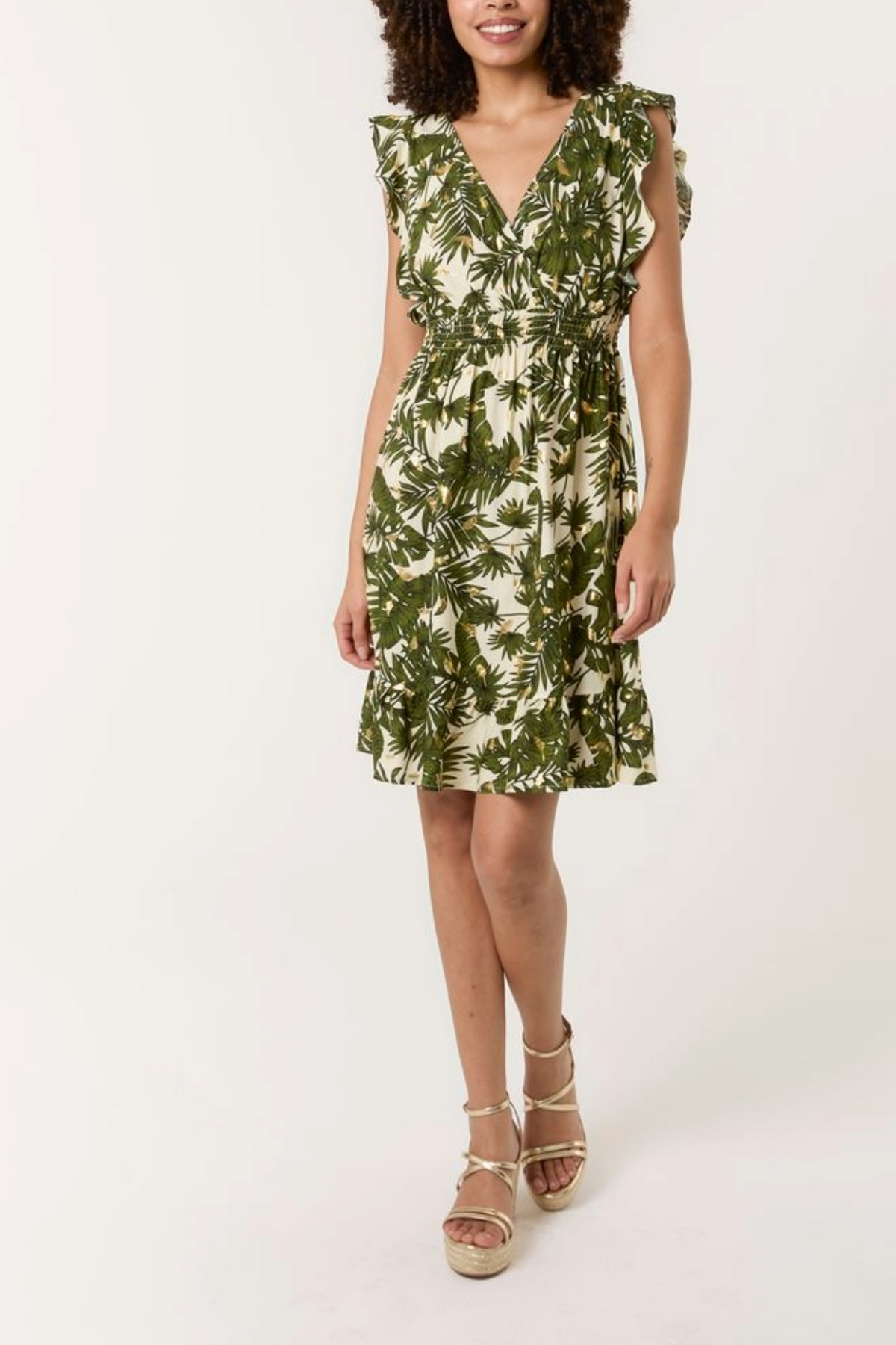 Tropical Leaf & Gold Detail Ruffle Mini Dress